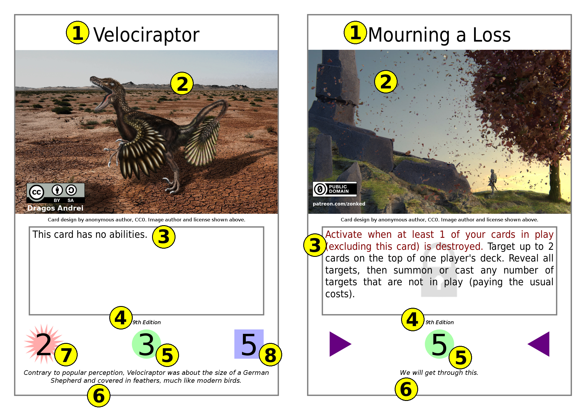 Visual of two cards (“Velociraptor” and “Mourning a Loss”).